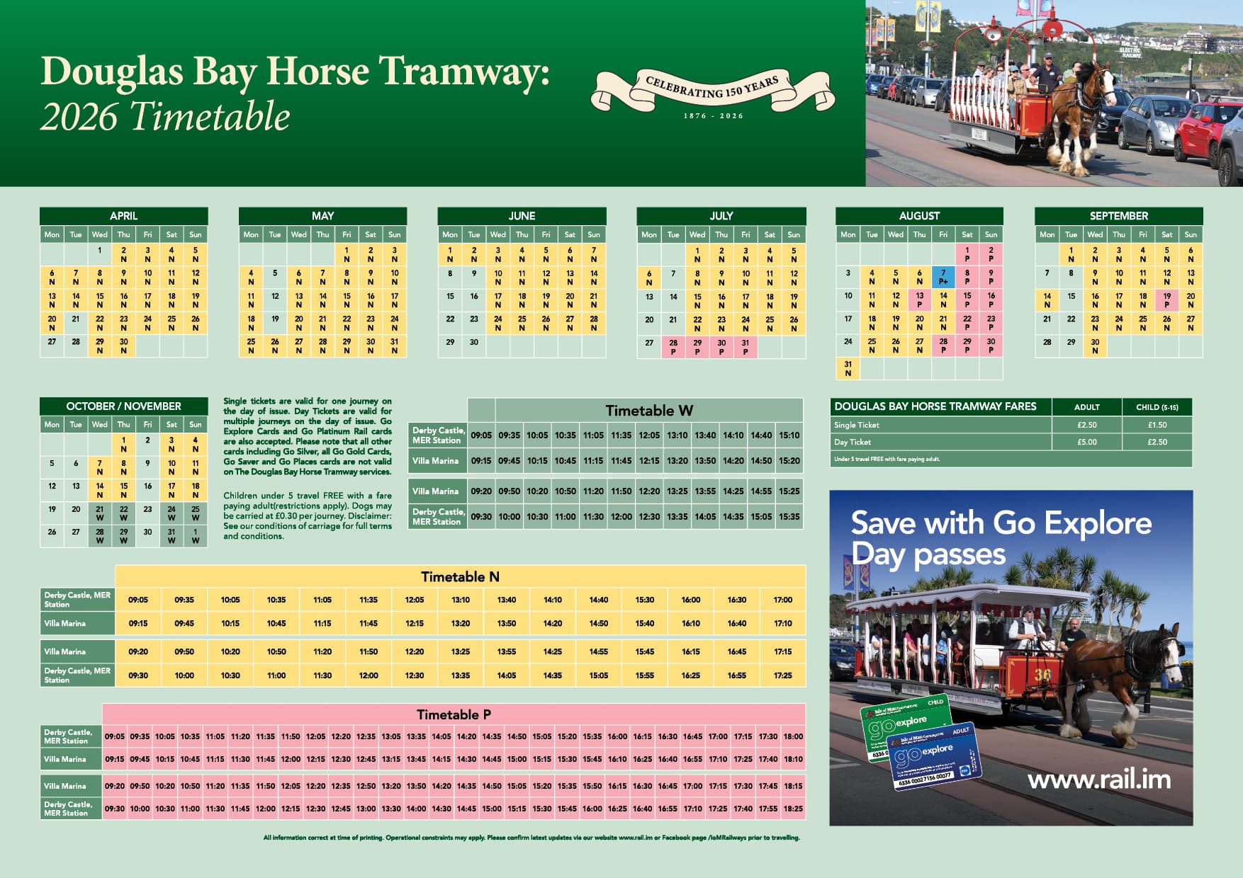 Official 2026 timetable sheet for Douglas Bay Horse Tramway