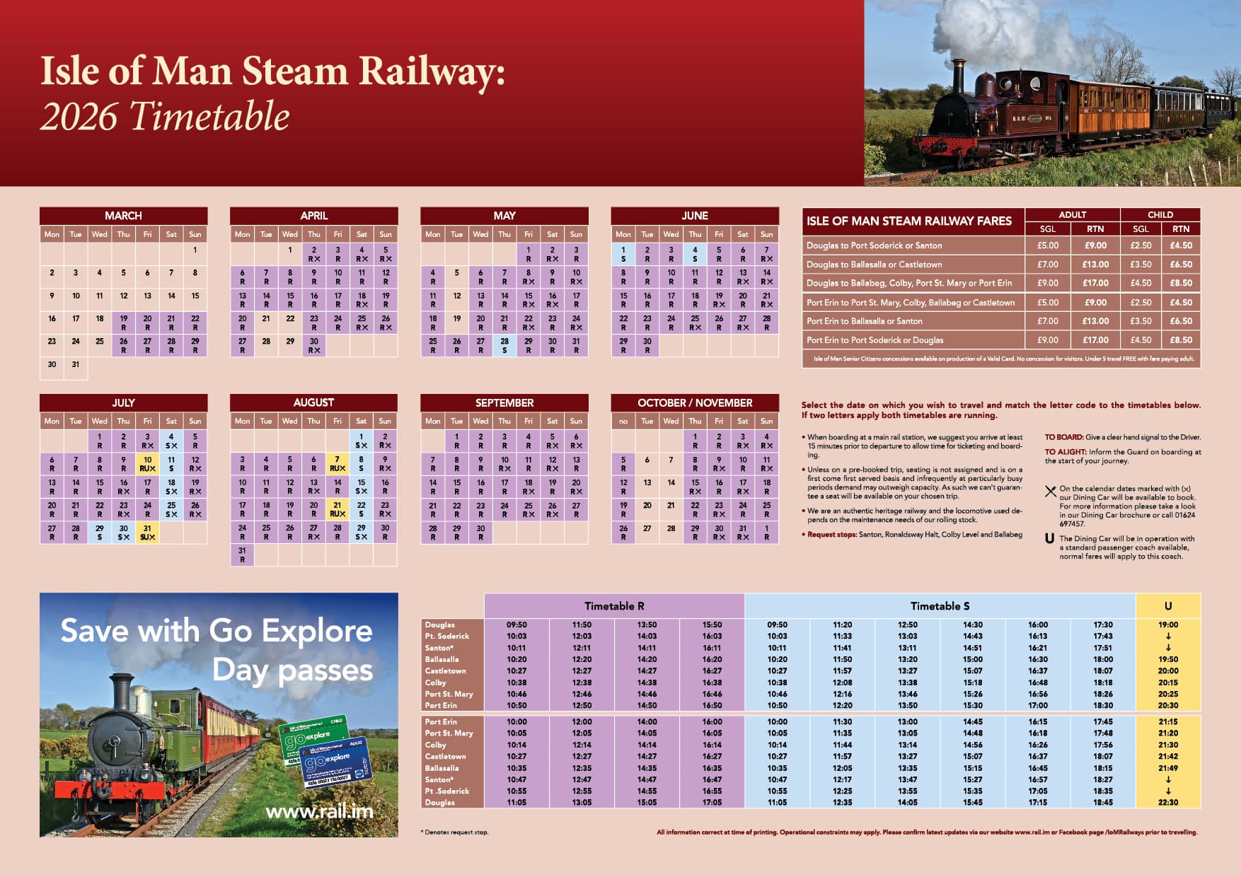Official 2026 timetable sheet for Isle of Man Steam Railway