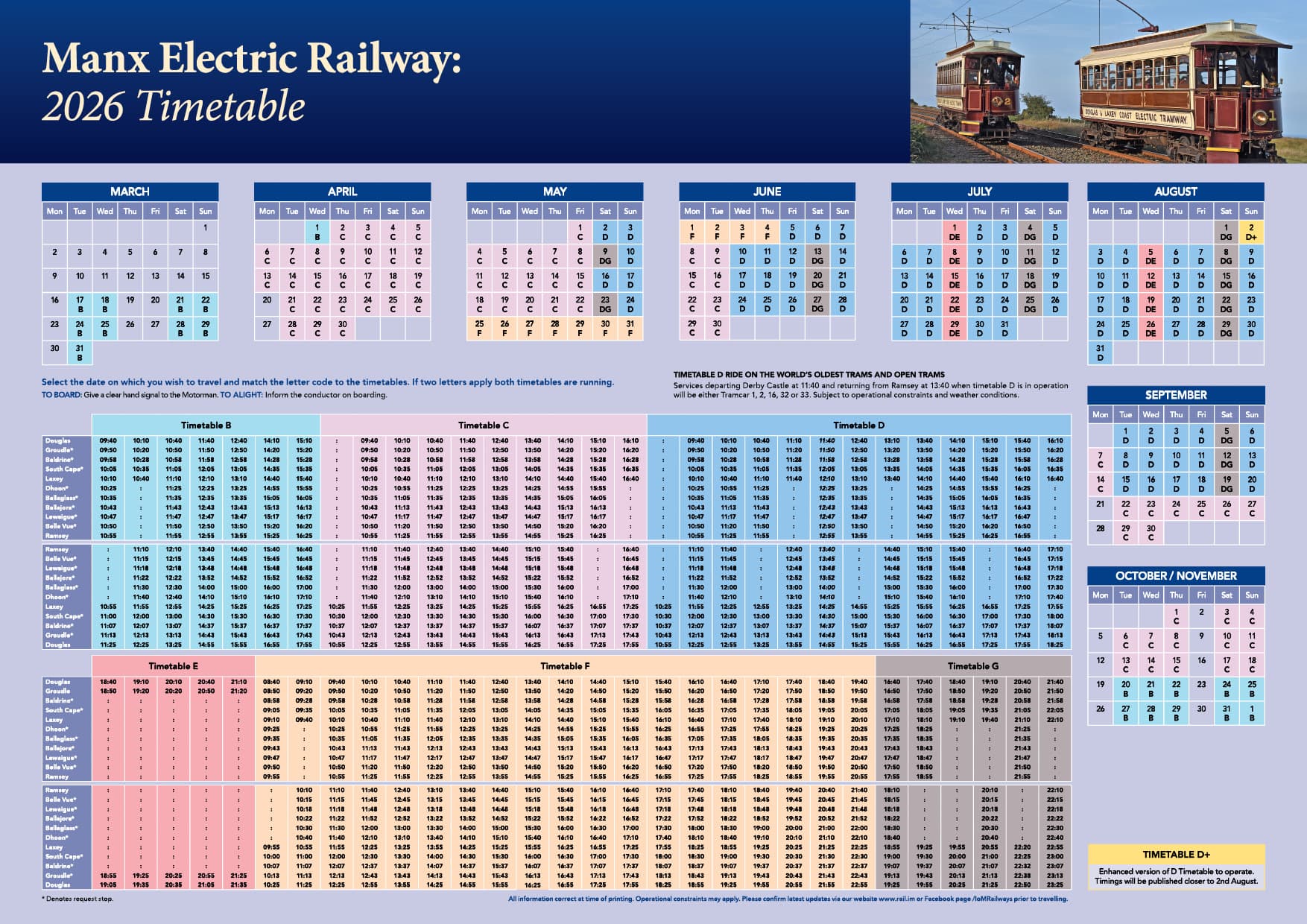 Official 2026 timetable sheet for Manx Electric Railway