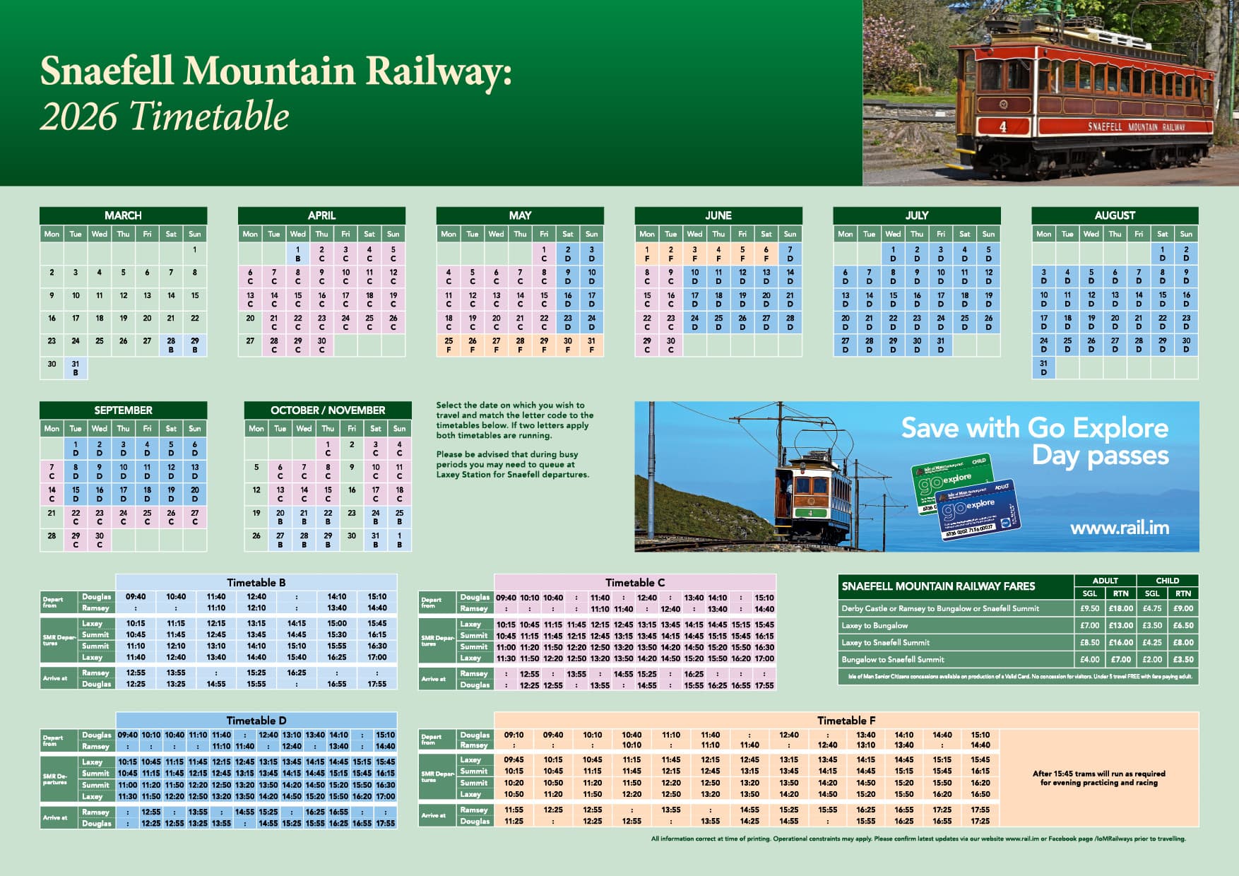 Official 2026 timetable sheet for Snaefell Mountain Railway